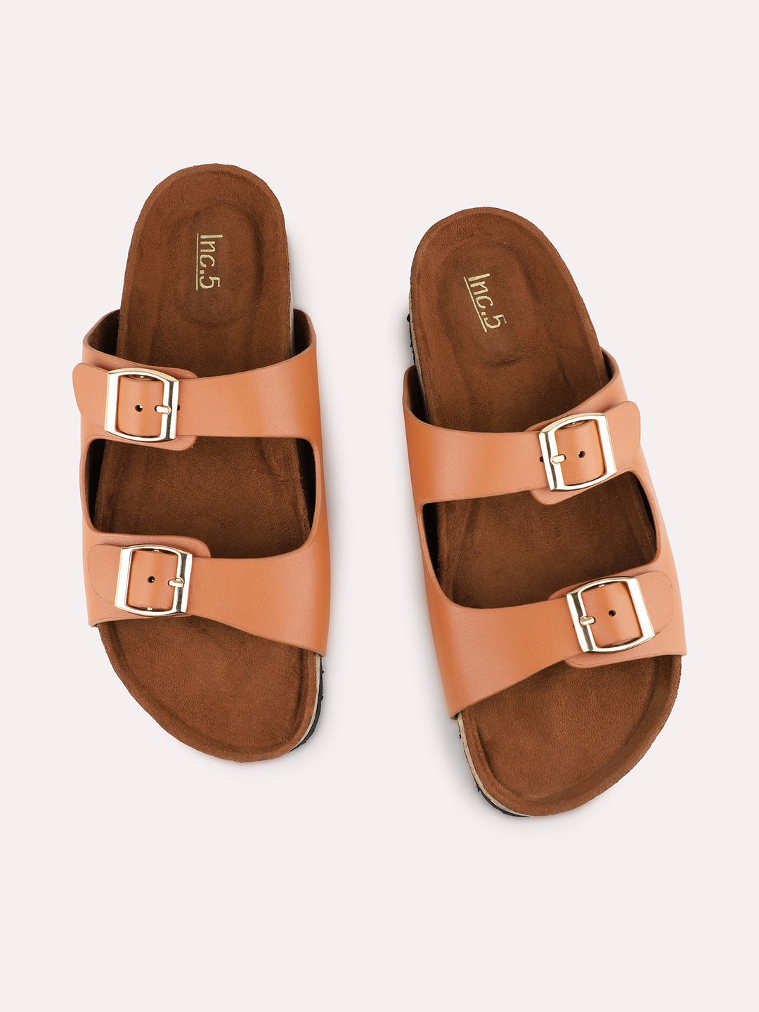 Womens Tan Casual Solid Open Toe Flat Slip-On Sandals