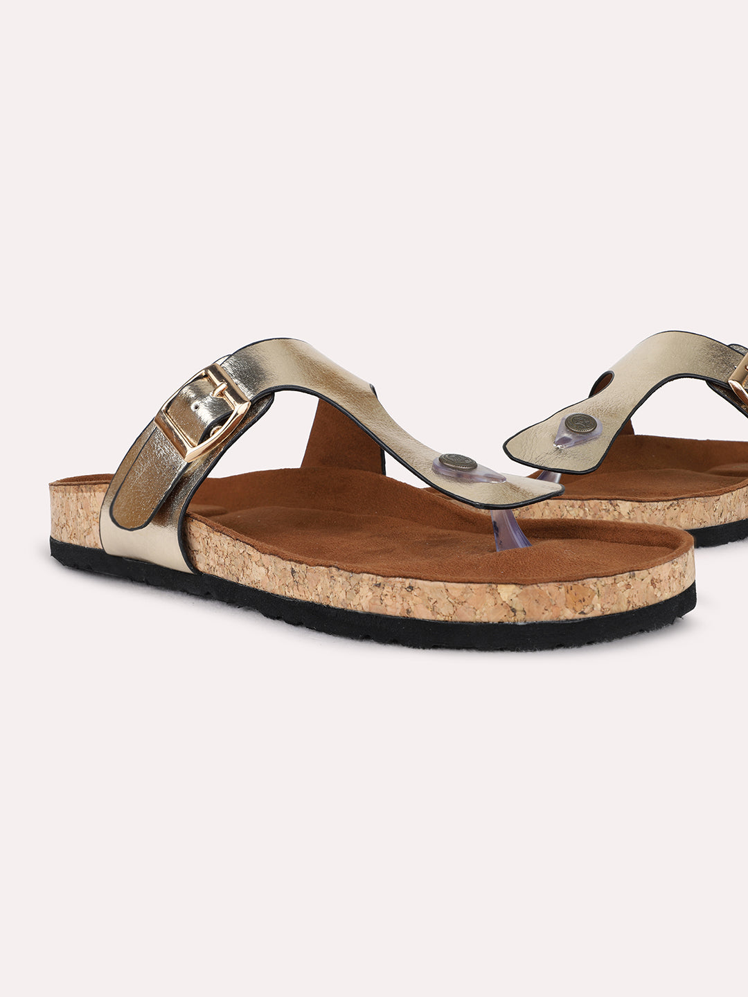 Womens Golden Casual Solid T-Strap Flat Slip-On Sandals