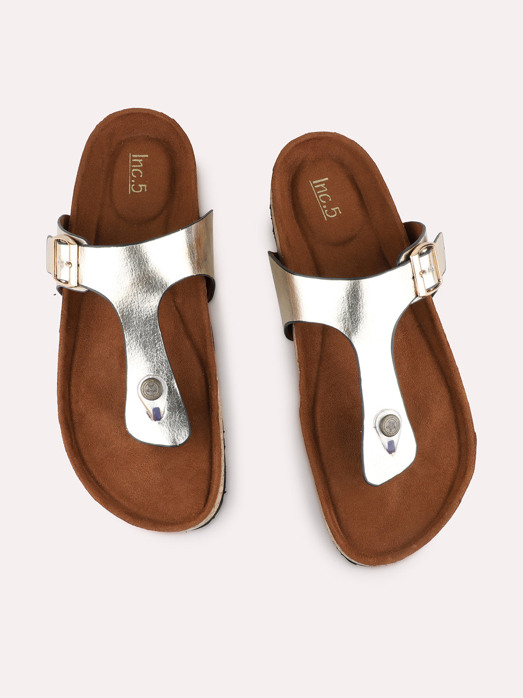 Womens Golden Casual Solid T-Strap Flat Slip-On Sandals