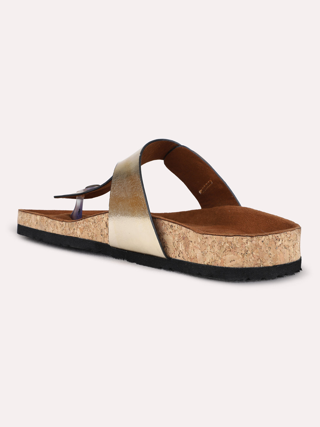 Womens Golden Casual Solid T-Strap Flat Slip-On Sandals