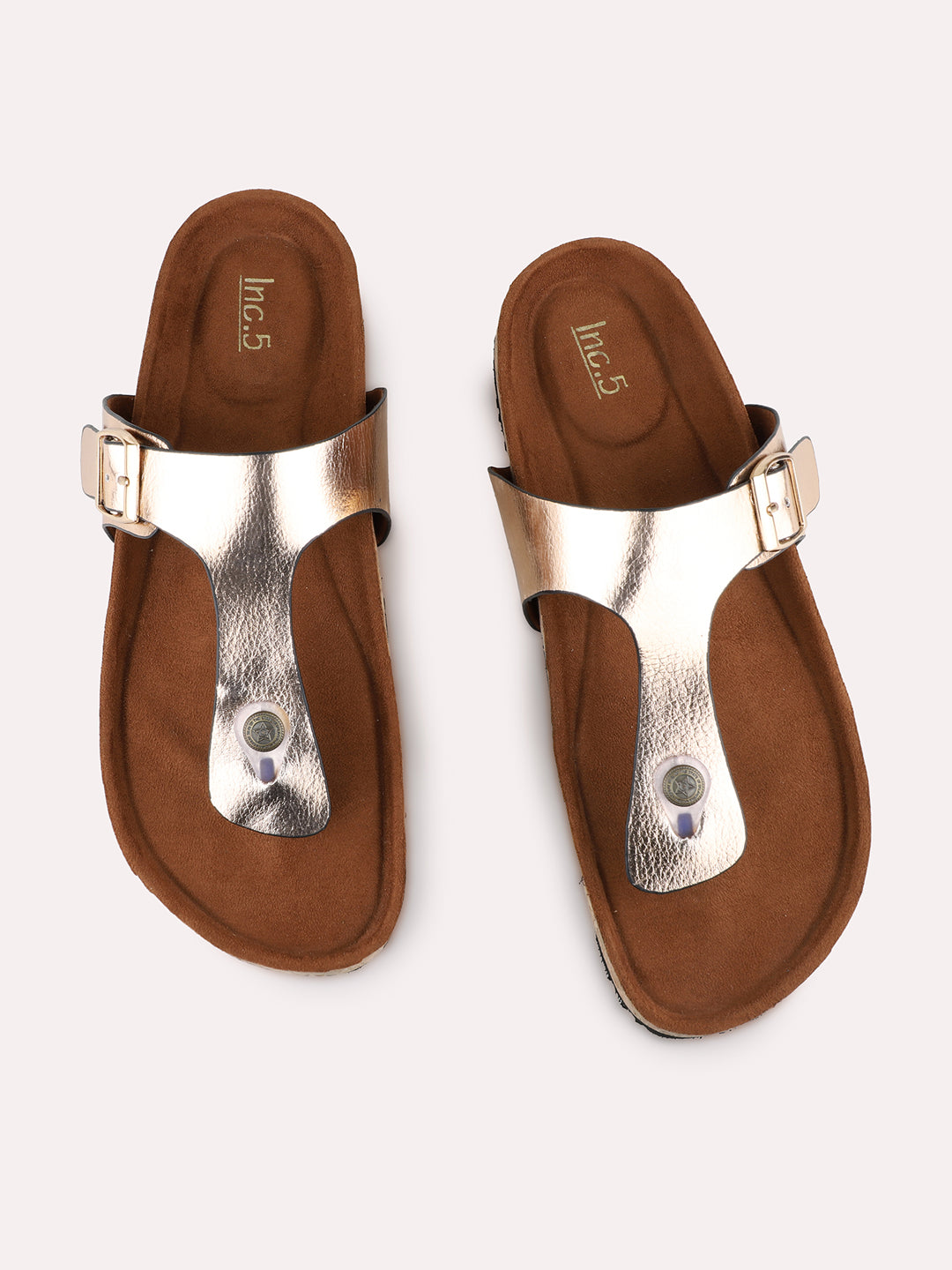 Womens Rose Gold Casual Solid T-Strap Flat Slip-On Sandals