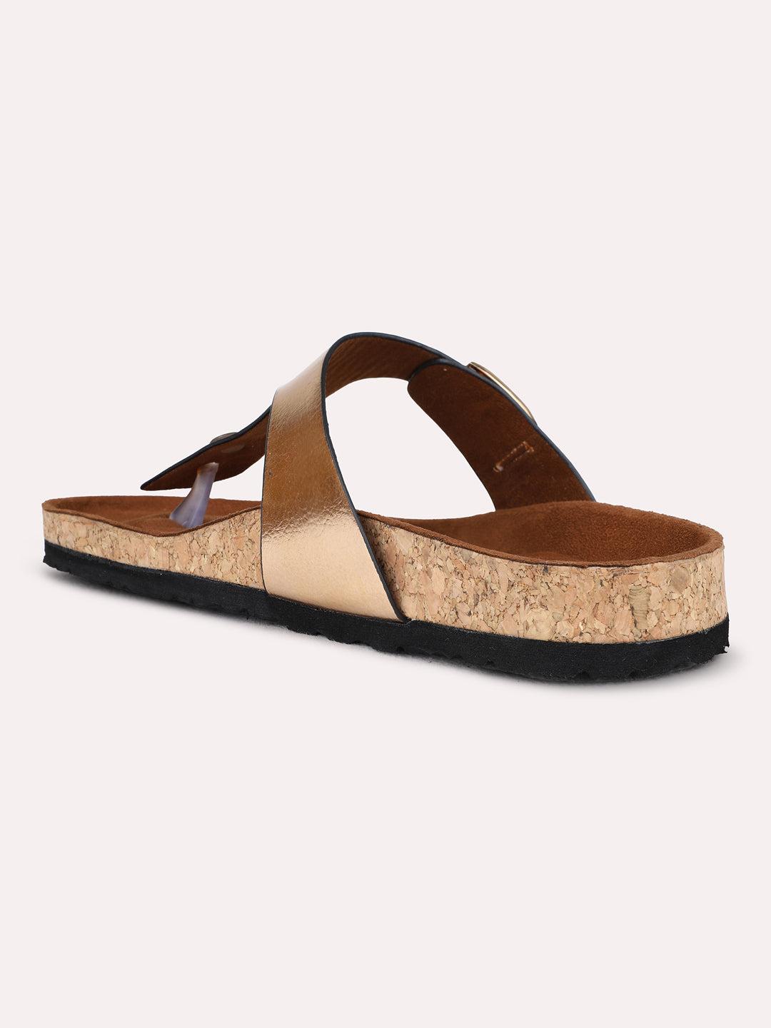 Womens Rose Gold Casual Solid T-Strap Flat Slip-On Sandals