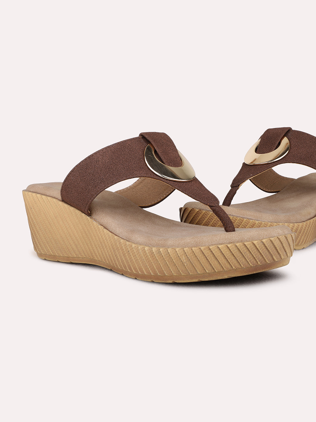 Womens Brown Party Wear Solid Round Toe Wedge Heel Sandals