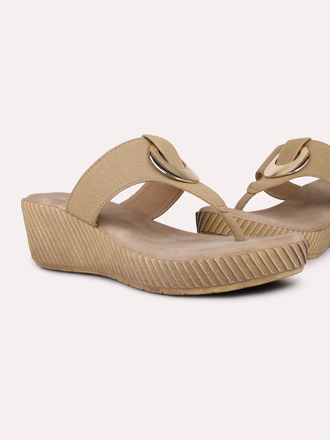 Womens Beige Party Wear Solid Round Toe Wedge Heel Sandals