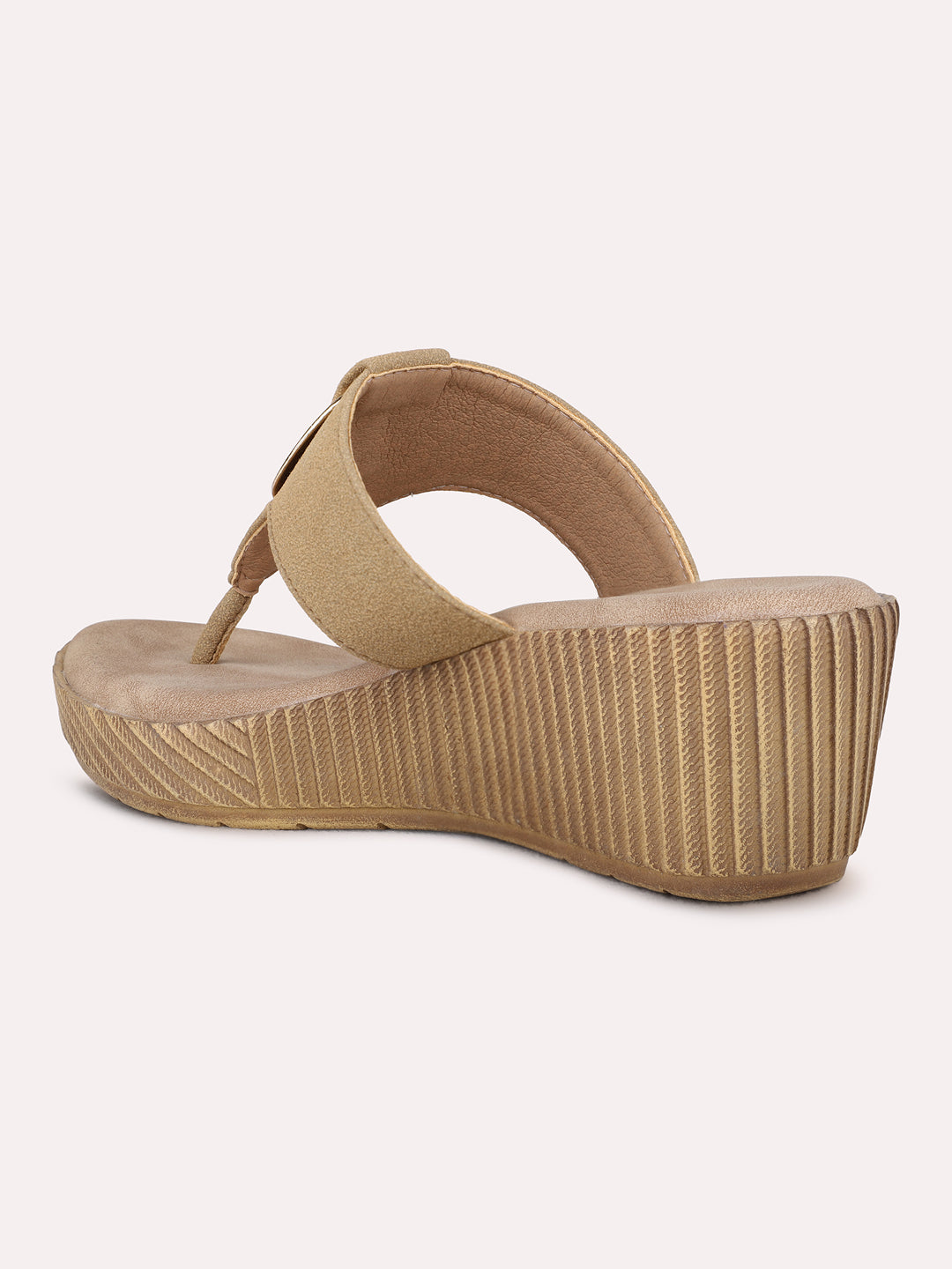 Womens Beige Party Wear Solid Round Toe Wedge Heel Sandals