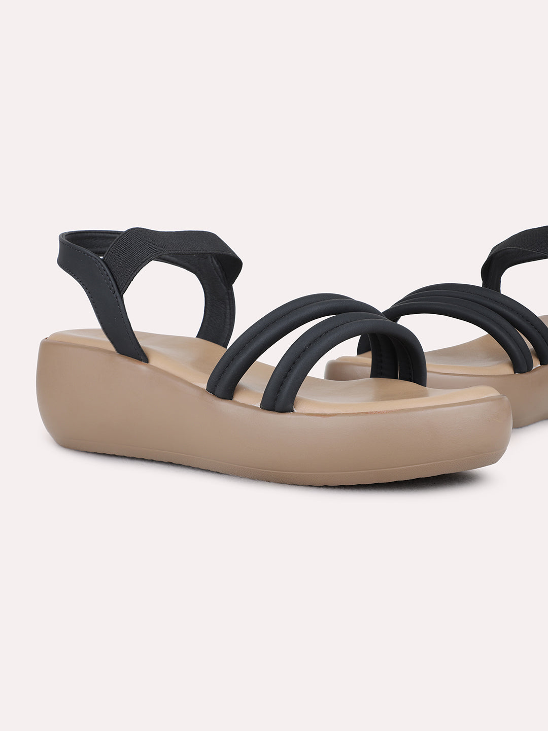 Womens Black Party Wear Striped Round Toe Wedge Heel Sandals