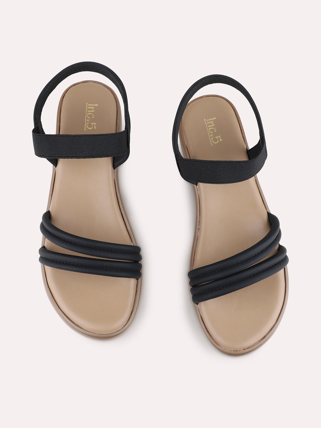 Womens Black Party Wear Striped Round Toe Wedge Heel Sandals