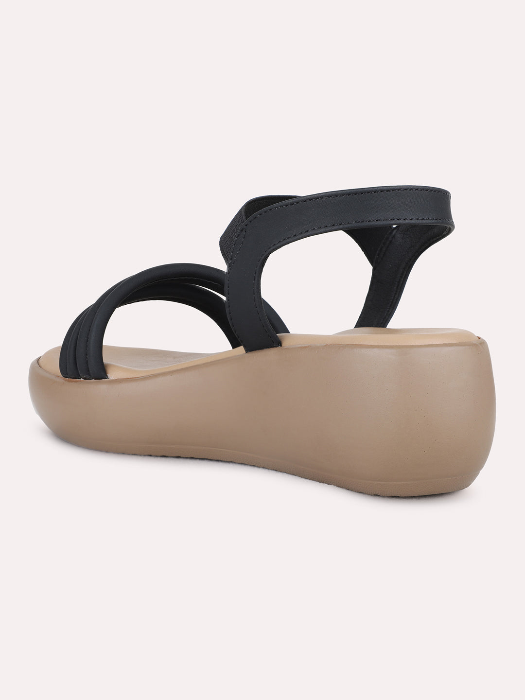 Womens Black Party Wear Striped Round Toe Wedge Heel Sandals