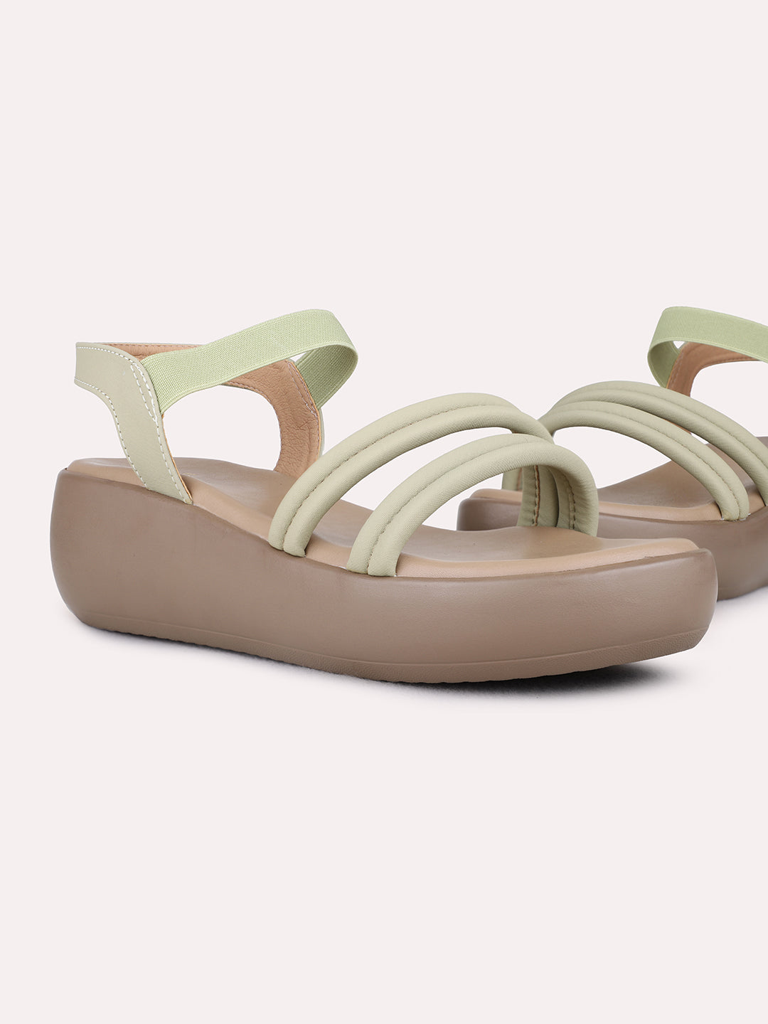 Womens Green Party Wear Striped Round Toe Wedge Heel Sandals