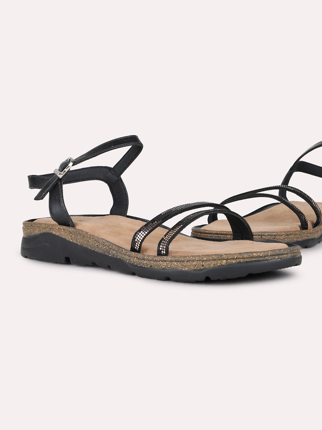 Womens Black Party Wear Striped Open Toe Flat Sandals