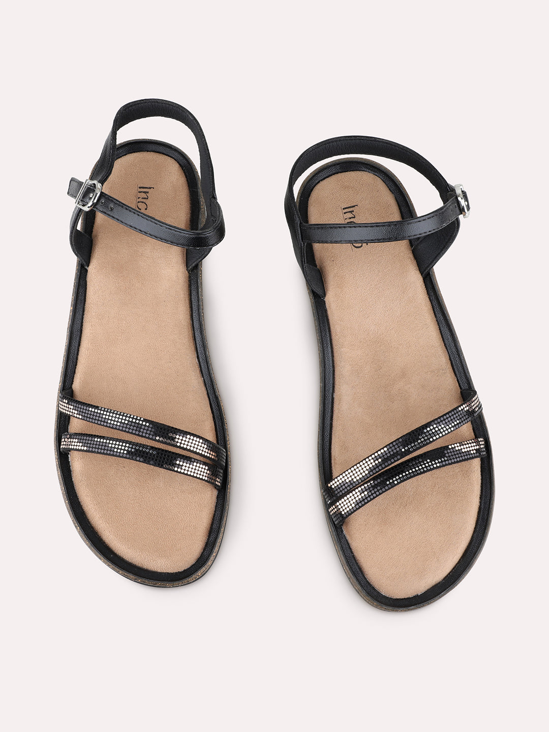 Womens Black Party Wear Striped Open Toe Flat Sandals