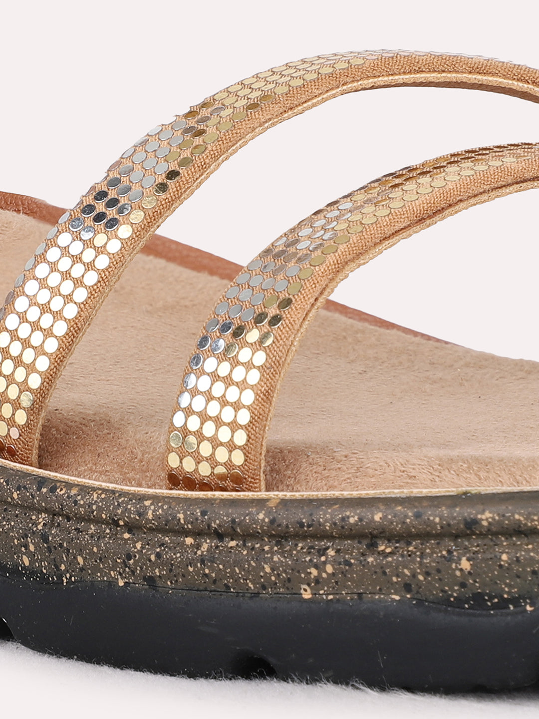 Womens Tan Party Wear Striped Open Toe Flat Sandals