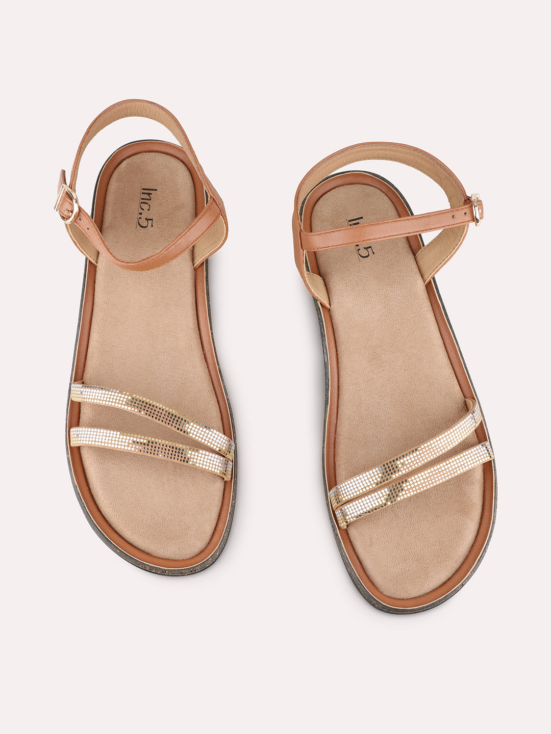 Womens Tan Party Wear Striped Open Toe Flat Sandals