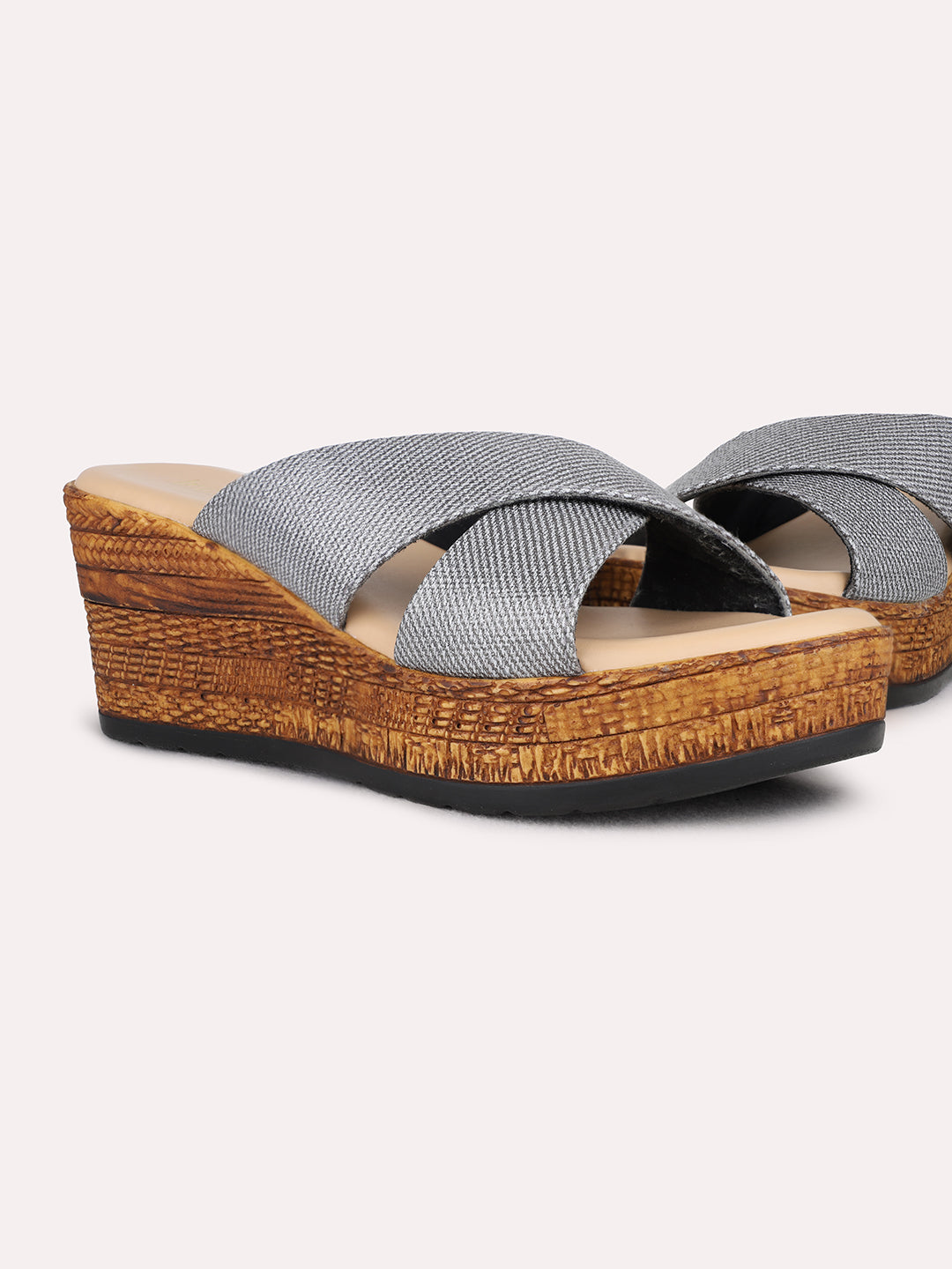 Womens Pewter Party Wear Solid Round Toe Wedge Heel Sandals