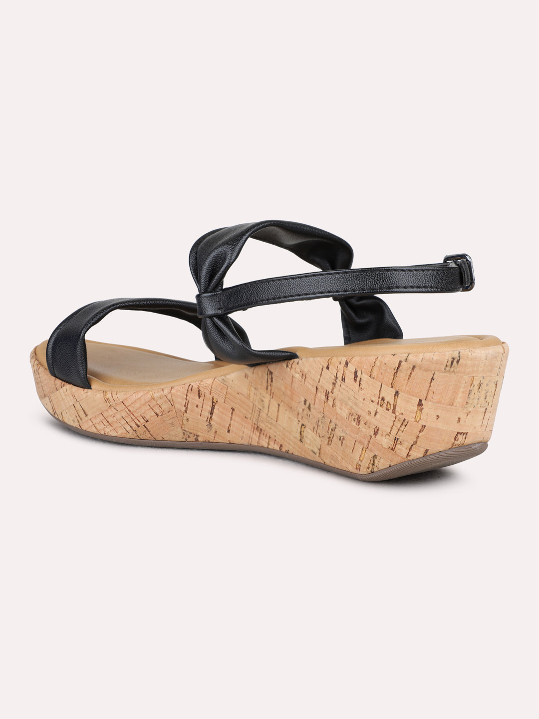 Womens Black Party Wear Solid Round Toe Wedge Heel Sandals