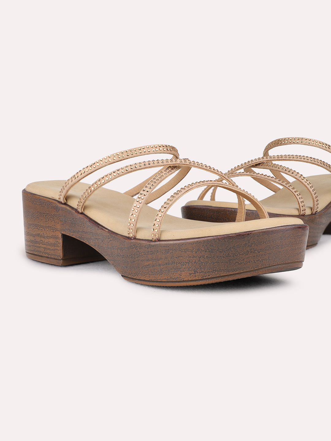 Womens Beige Party Wear Striped Round Toe Platform Heel Sandals