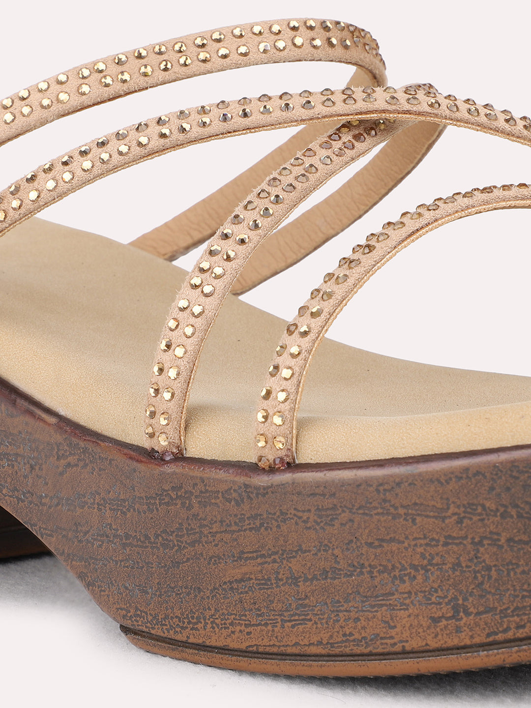 Womens Beige Party Wear Striped Round Toe Platform Heel Sandals