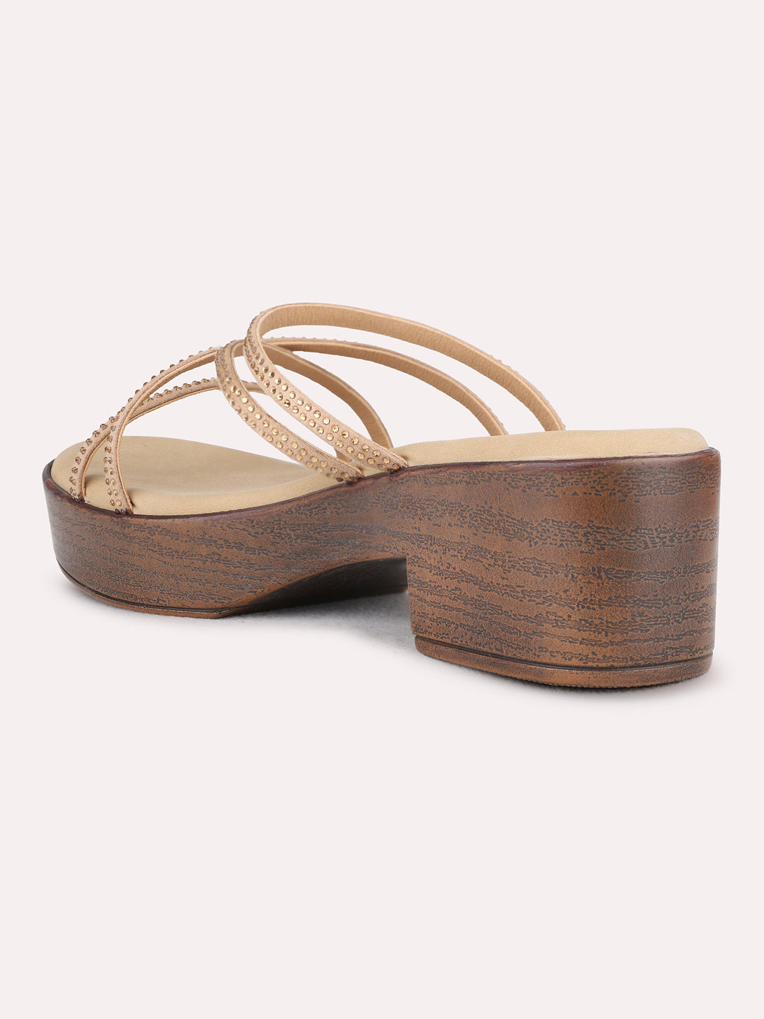 Womens Beige Party Wear Striped Round Toe Platform Heel Sandals