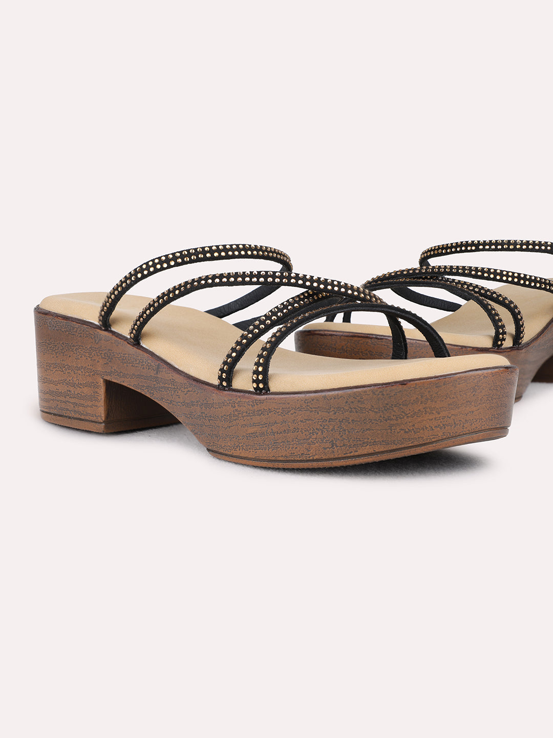 Womens Black Party Wear Striped Round Toe Platform Heel Sandals