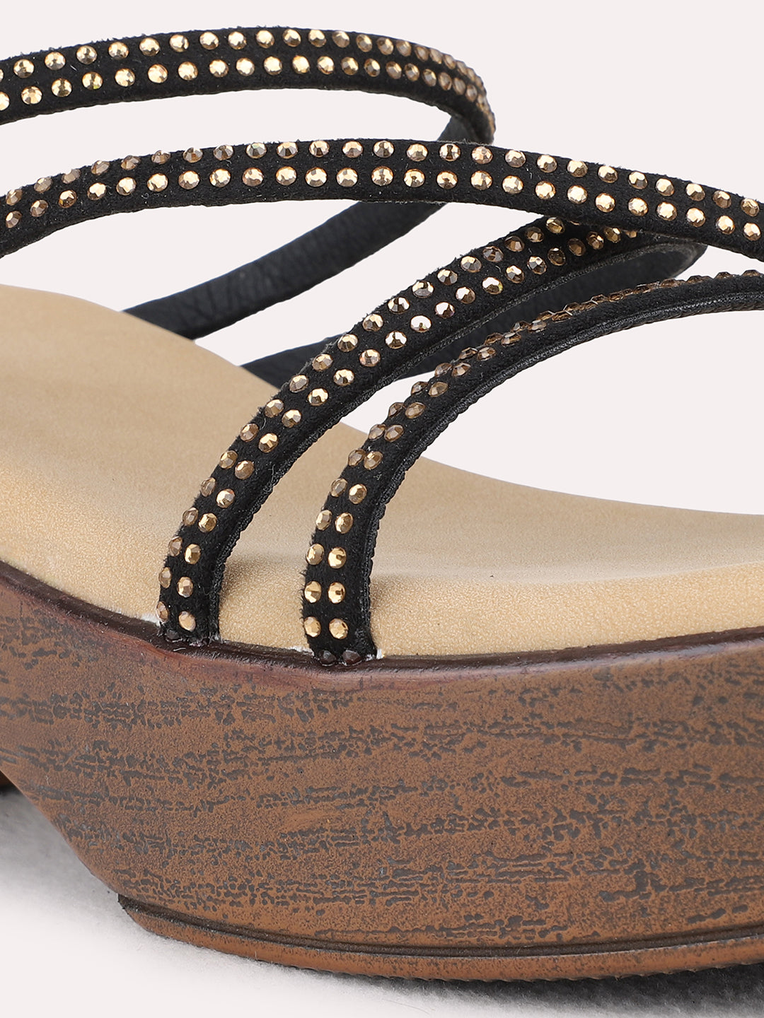 Womens Black Party Wear Striped Round Toe Platform Heel Sandals