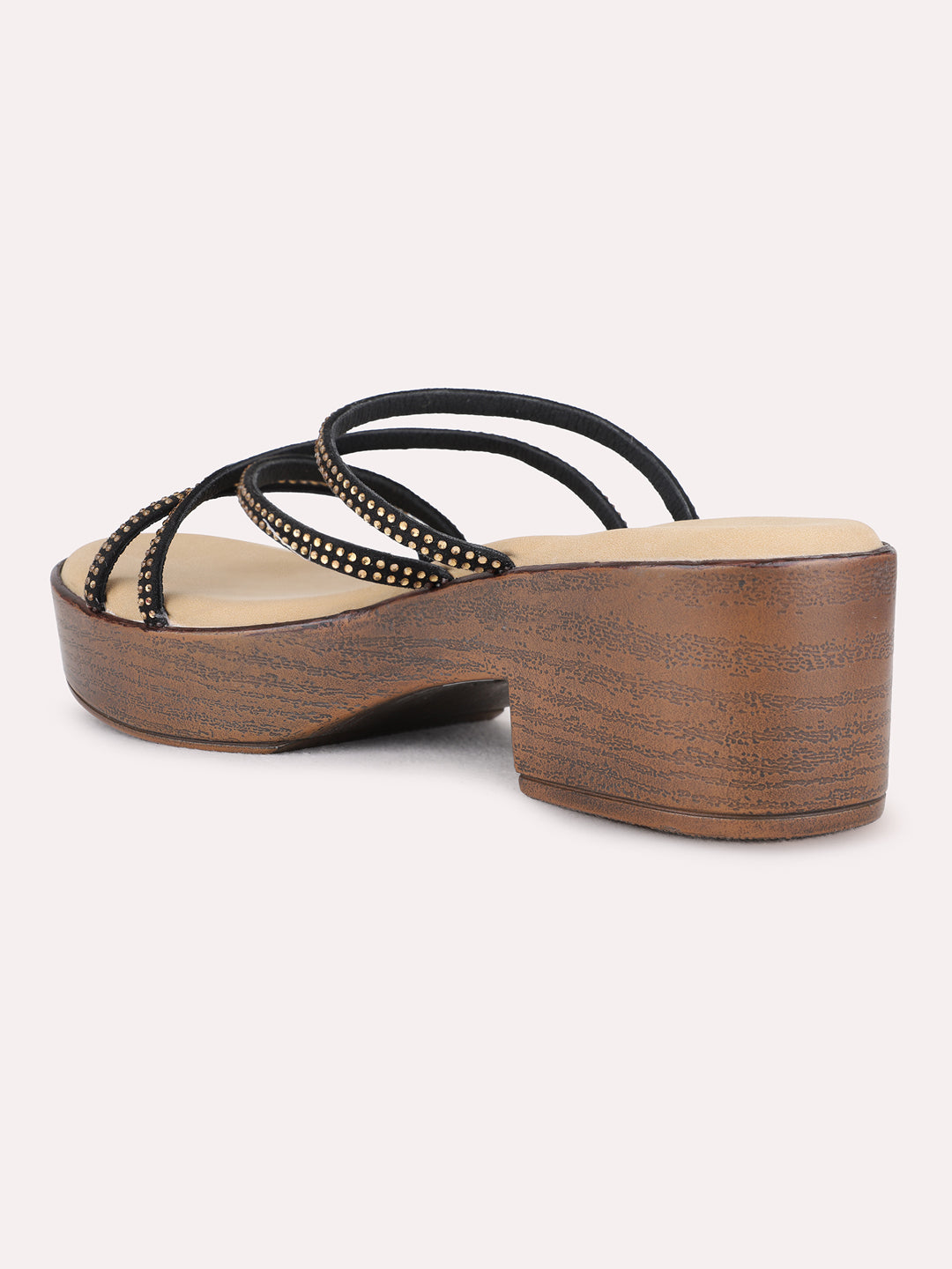 Womens Black Party Wear Striped Round Toe Platform Heel Sandals