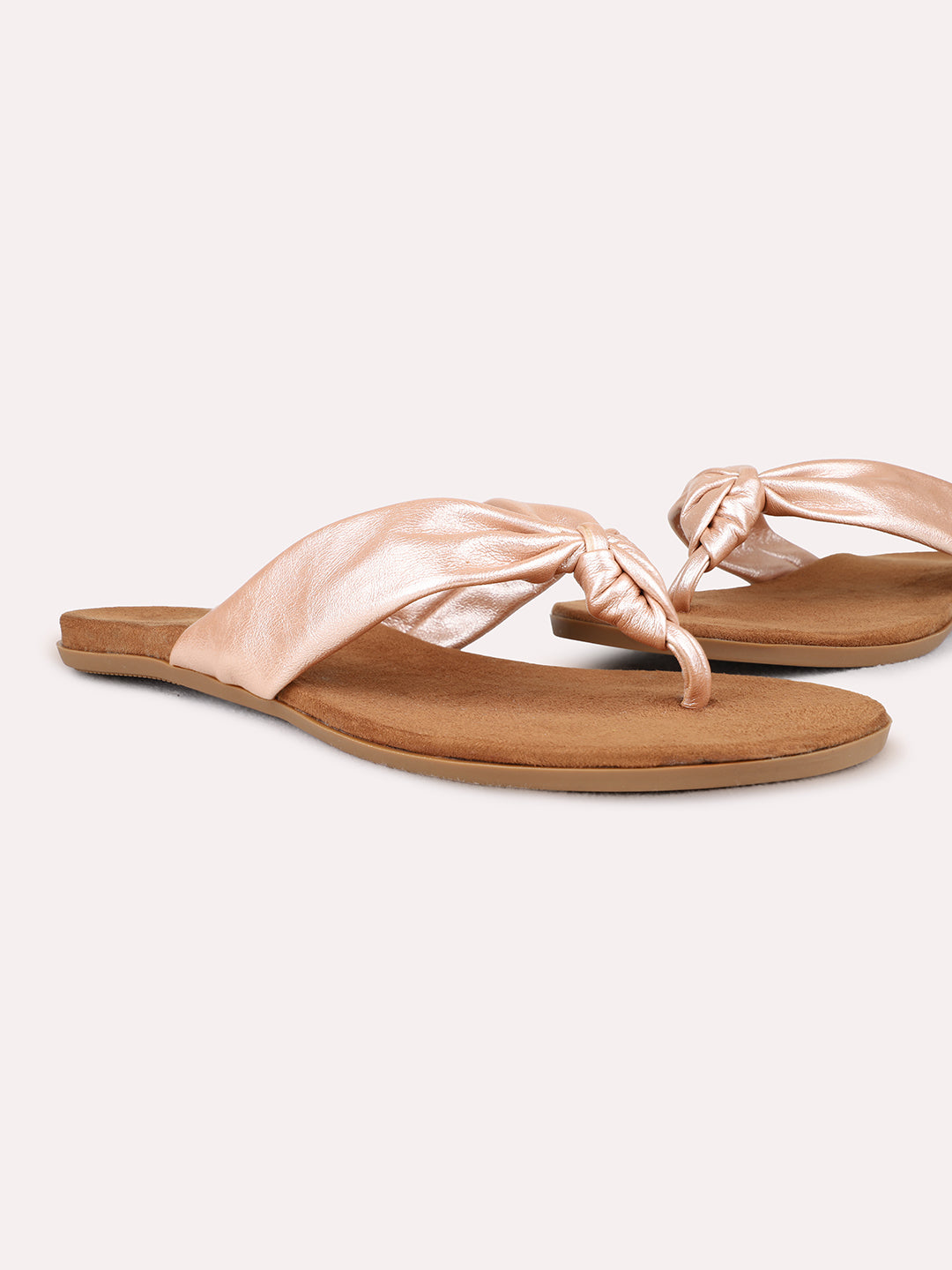 Womens Rose Gold Casual Solid T-Strap Flat Sandals
