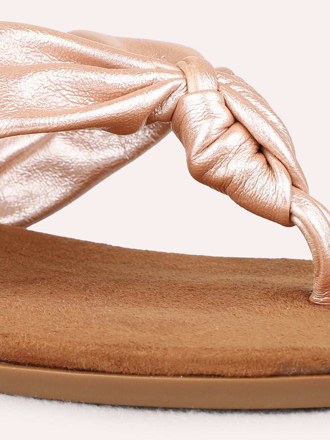 Womens Rose Gold Casual Solid T-Strap Flat Sandals