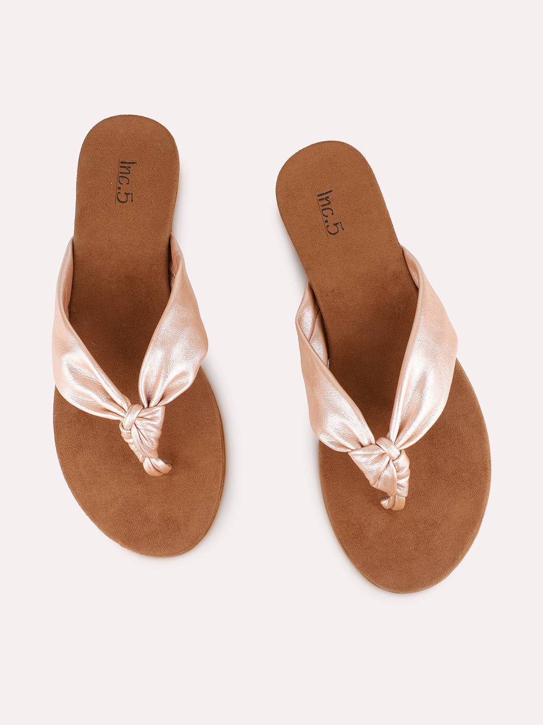 Womens Rose Gold Casual Solid T-Strap Flat Sandals