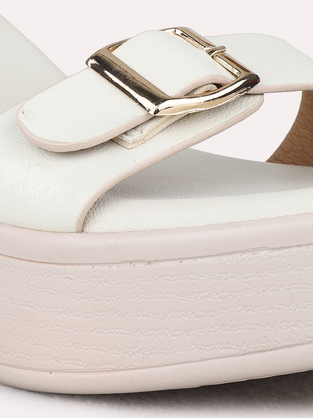 Womens Cream Party Wear Solid Round Toe Platform Heel Sandals