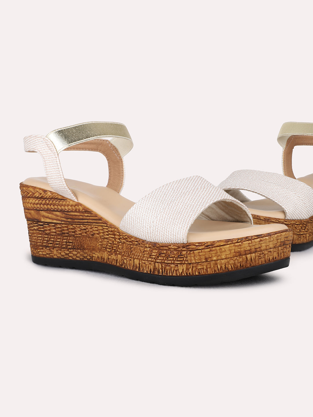 Womens Golden Party Wear Solid Round Toe Wedge Heel Sandals