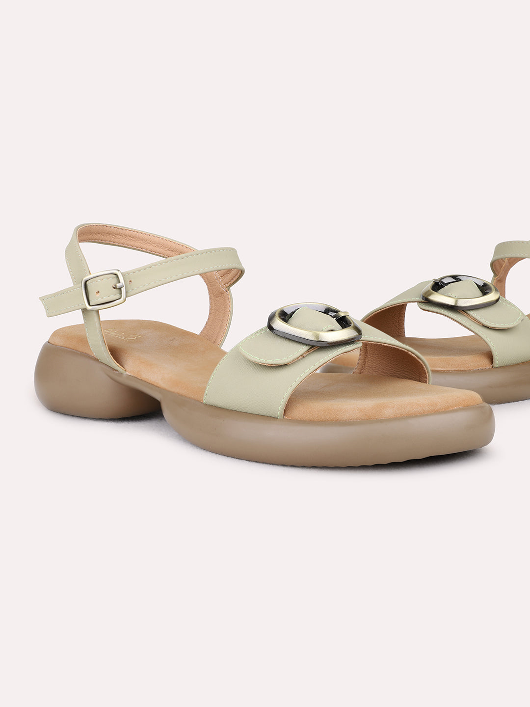 Womens Green Party Wear Solid Round Toe Block Heel Sandals