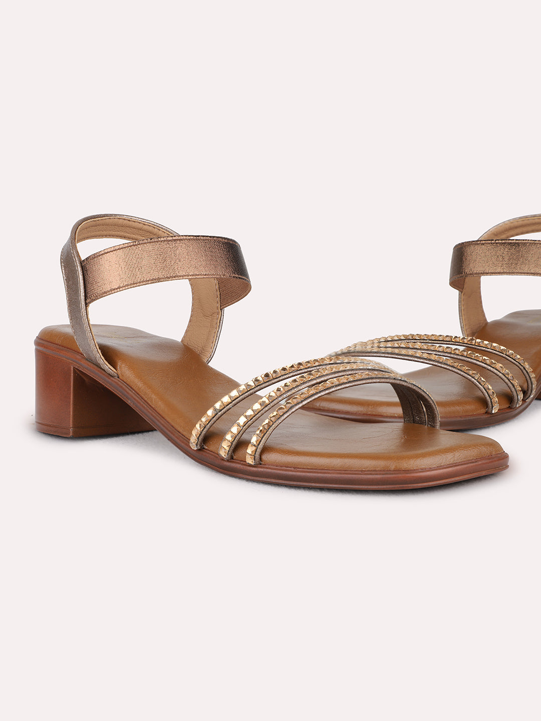 Womens Golden Party Wear Striped Square Toe Block Heel Sandals