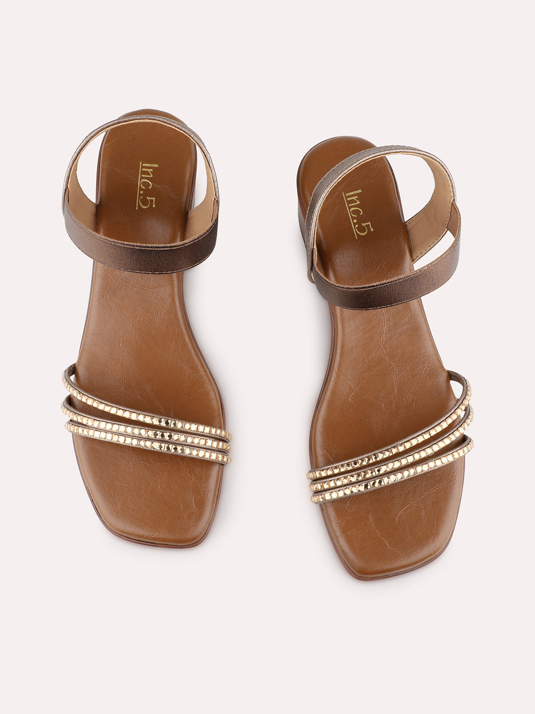 Womens Golden Party Wear Striped Square Toe Block Heel Sandals
