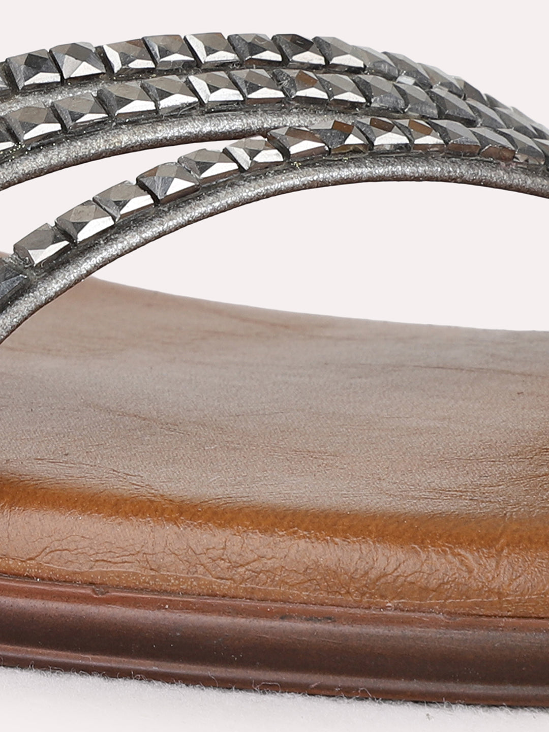 Womens Pewter Party Wear Striped Square Toe Block Heel Sandals