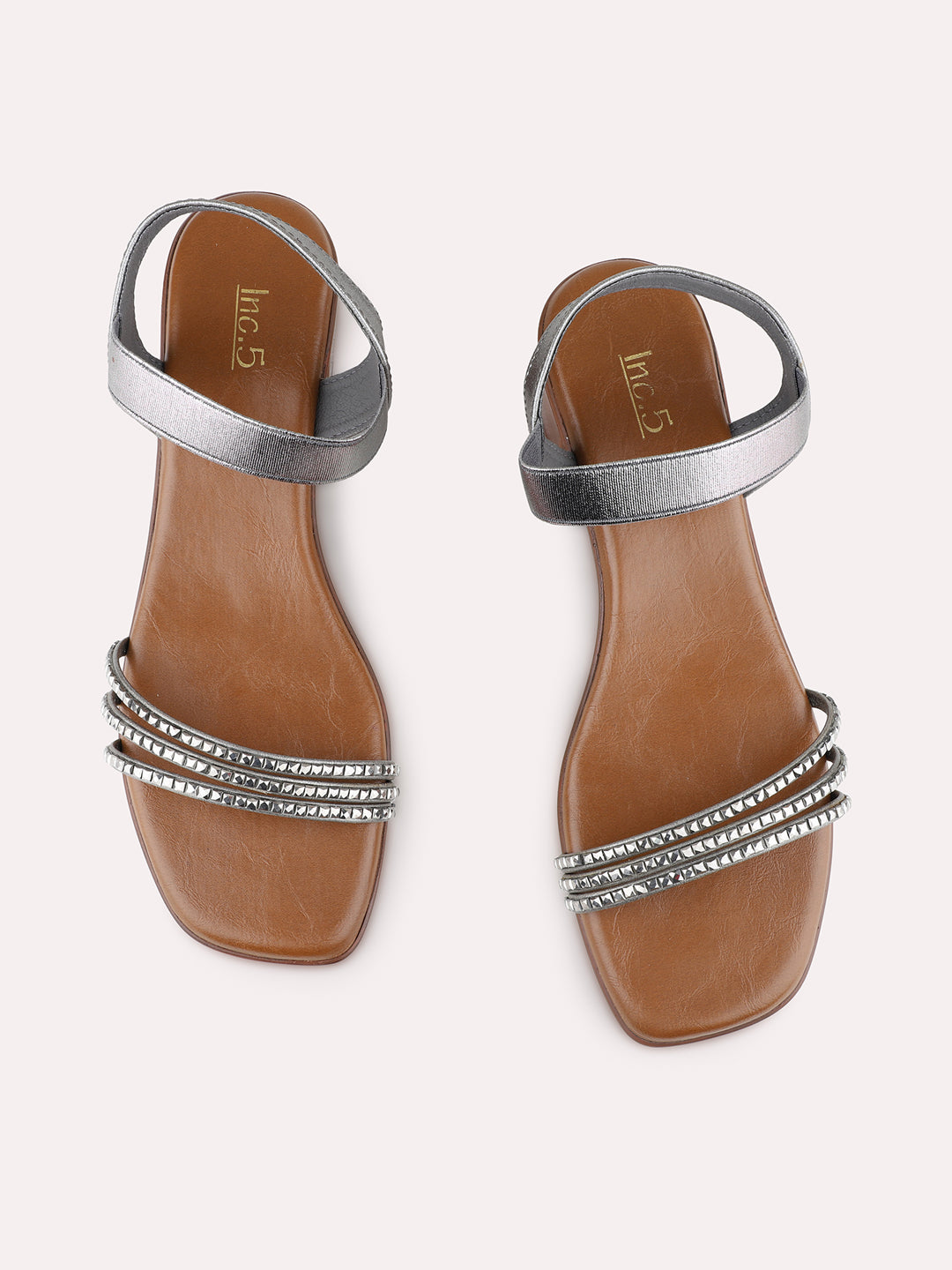 Womens Pewter Party Wear Striped Square Toe Block Heel Sandals