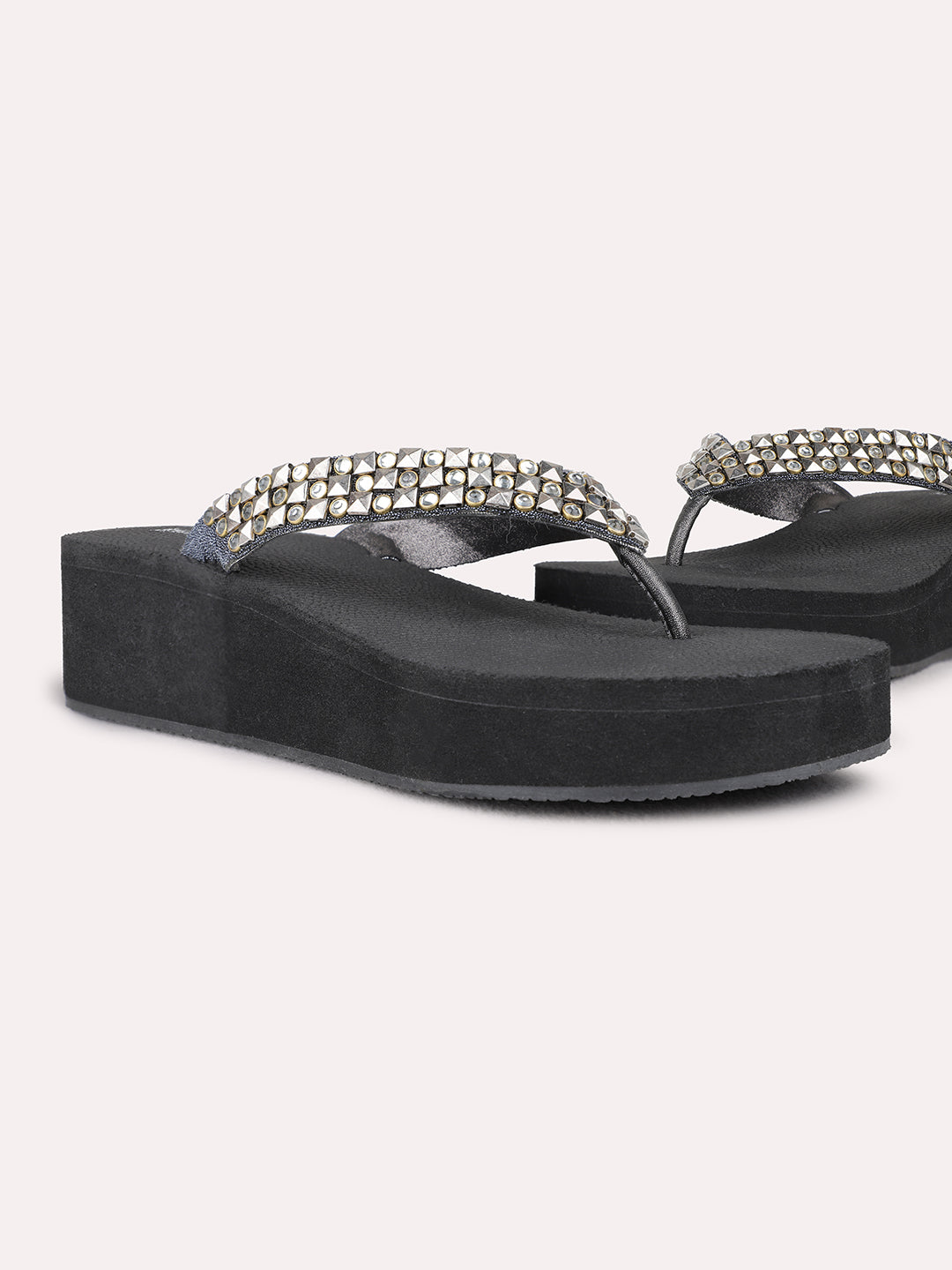 Womens Pewter Ethnic Wear Embellished Round Toe Wedge Heel Sandals