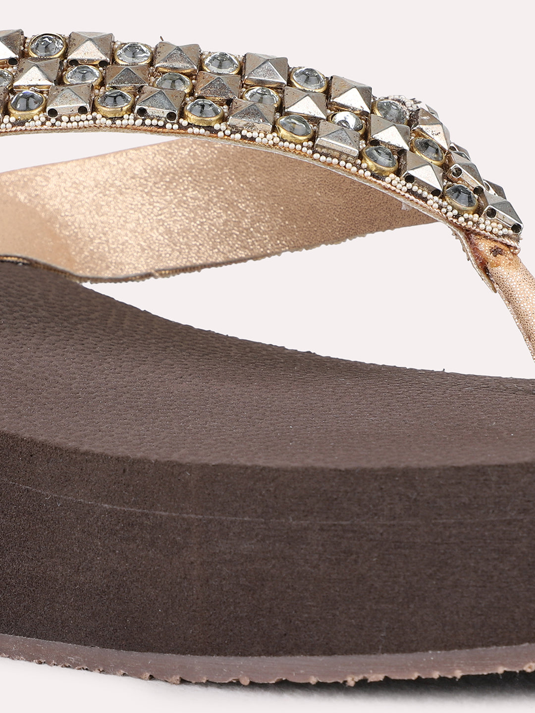 Womens Rose Gold Ethnic Wear Embellished Round Toe Wedge Heel Sandals