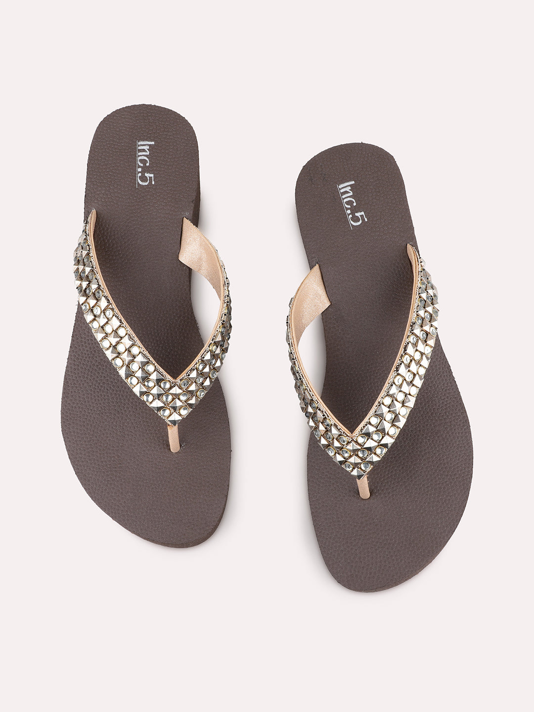 Womens Rose Gold Ethnic Wear Embellished Round Toe Wedge Heel Sandals