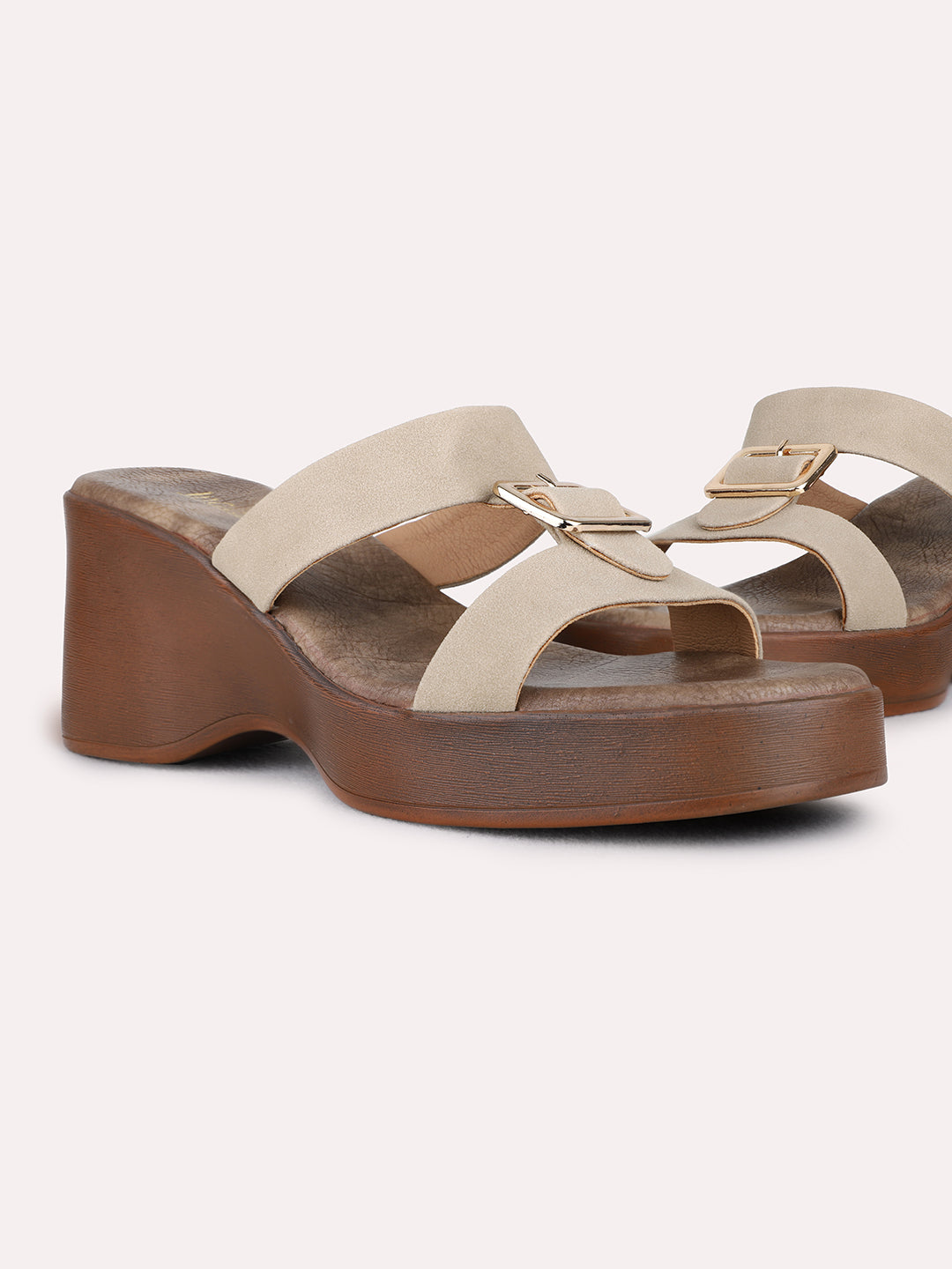 Womens Beige Party Wear Solid Round Toe Platform Heel Sandals