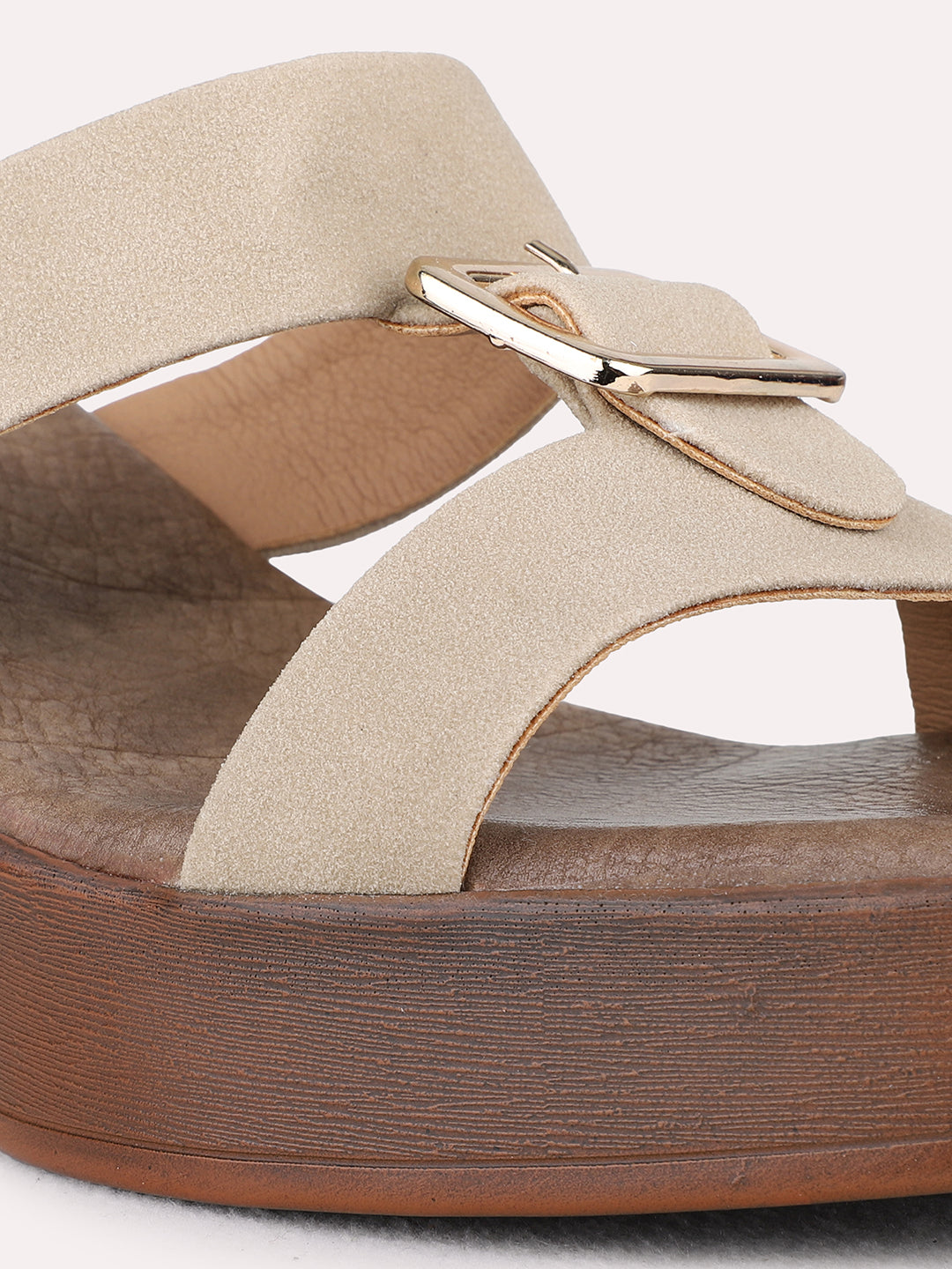 Womens Beige Party Wear Solid Round Toe Platform Heel Sandals