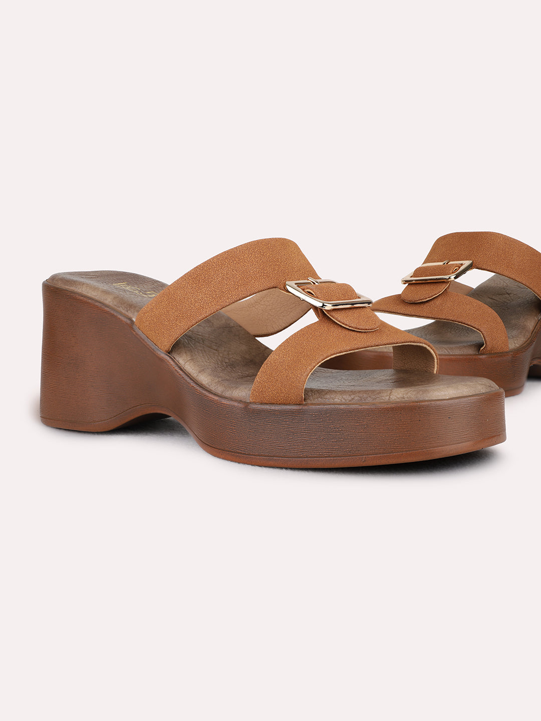 Womens Tan Party Wear Solid Round Toe Platform Heel Sandals