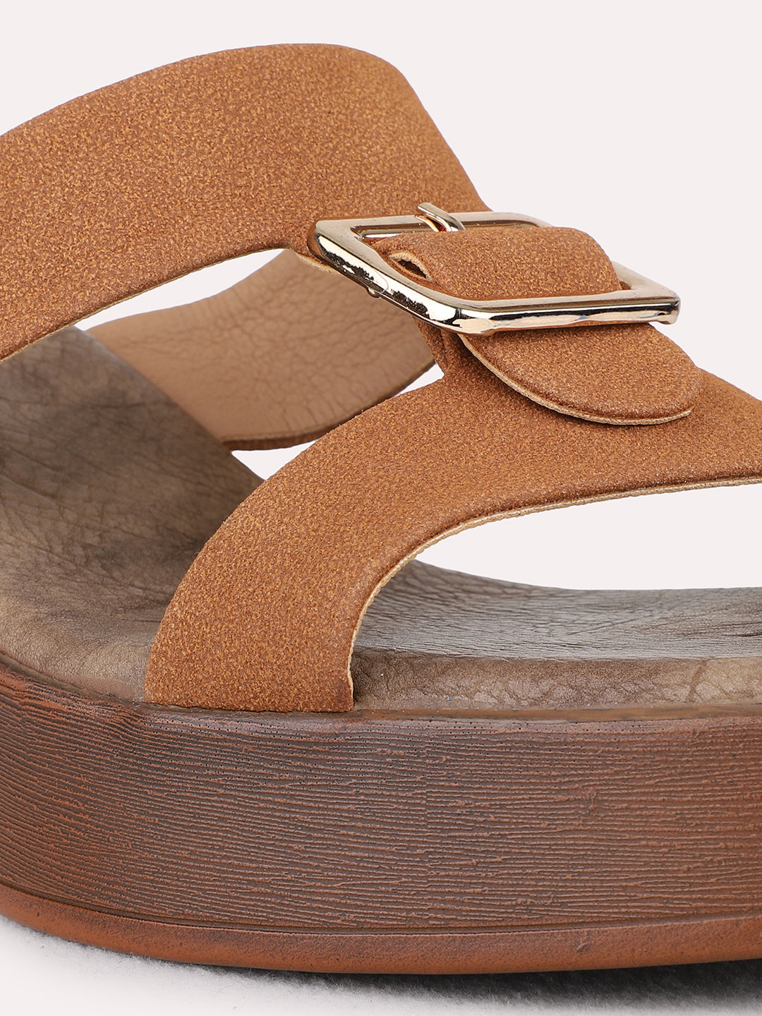 Womens Tan Party Wear Solid Round Toe Platform Heel Sandals