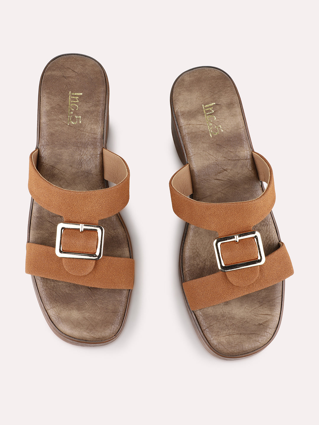 Womens Tan Party Wear Solid Round Toe Platform Heel Sandals