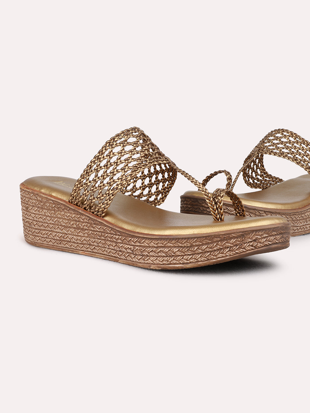 Womens Golden Party Wear Solid Round Toe Wedge Heel Sandals