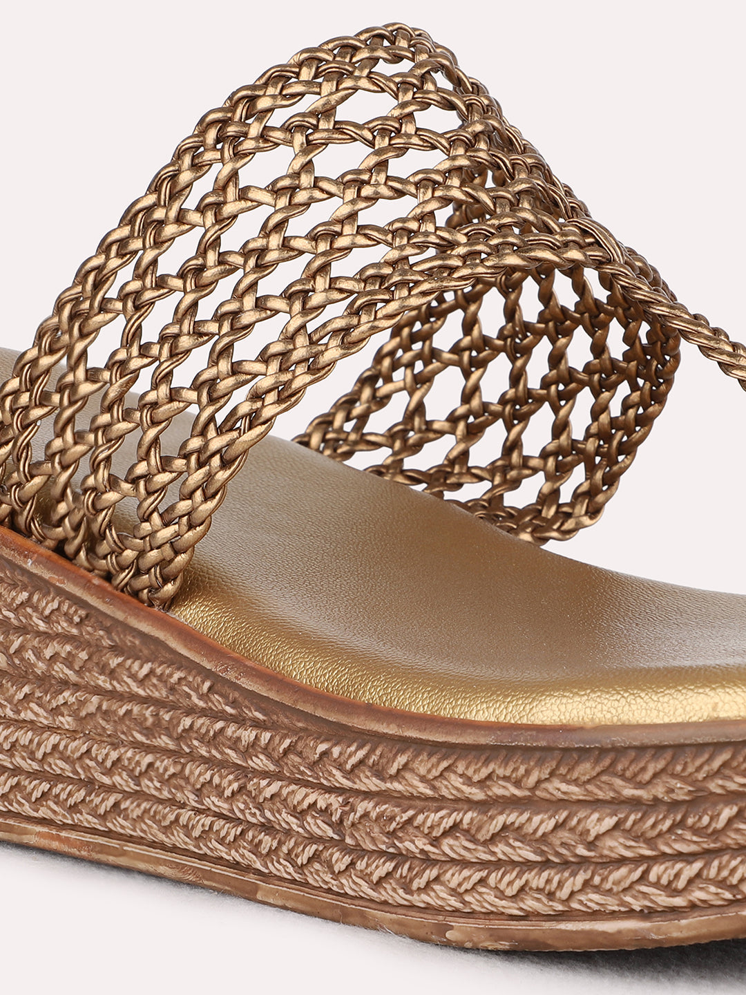 Womens Golden Party Wear Solid Round Toe Wedge Heel Sandals