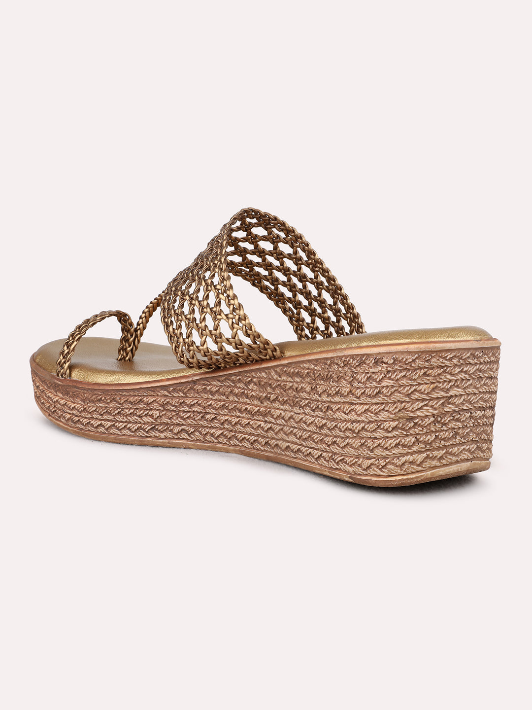 Womens Golden Party Wear Solid Round Toe Wedge Heel Sandals