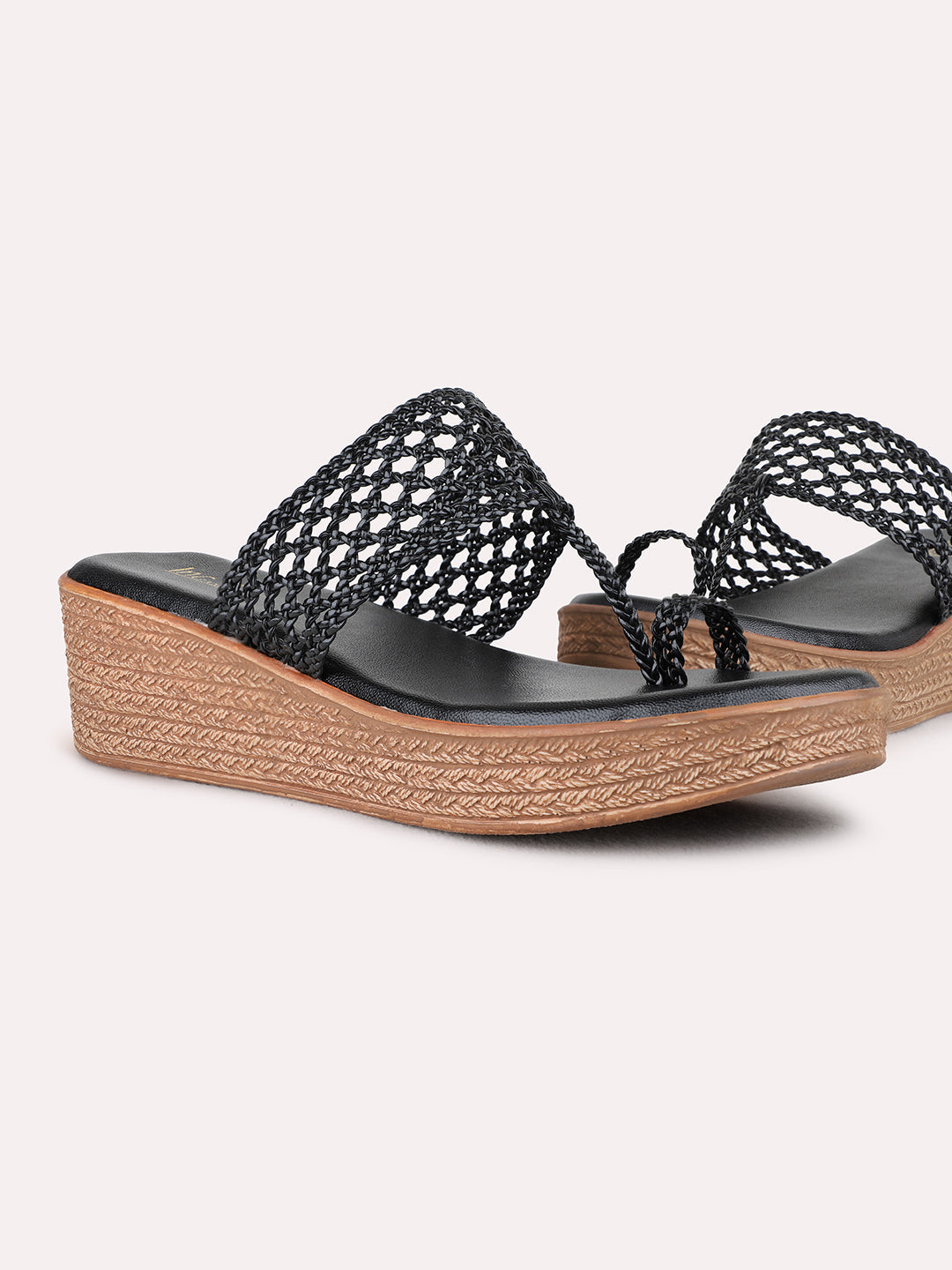 Womens Black Party Wear Solid Round Toe Wedge Heel Sandals