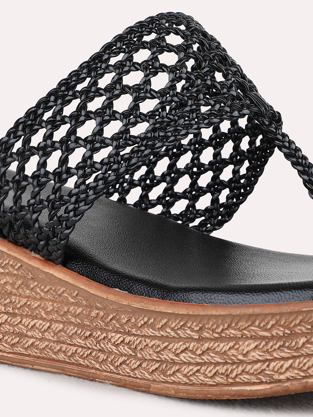 Womens Black Party Wear Solid Round Toe Wedge Heel Sandals