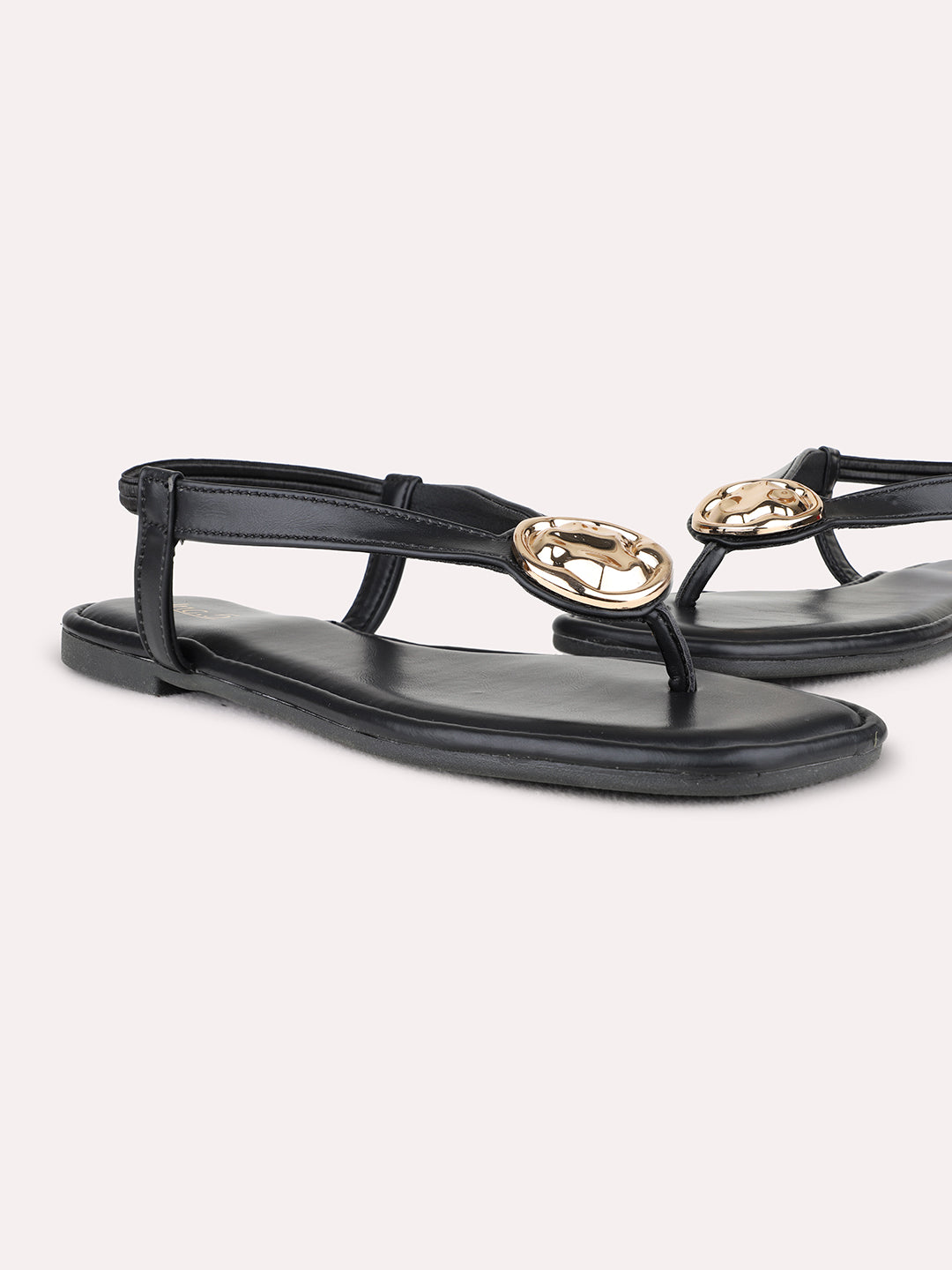 Womens Black Casual Solid T-Strap Flat Sandals