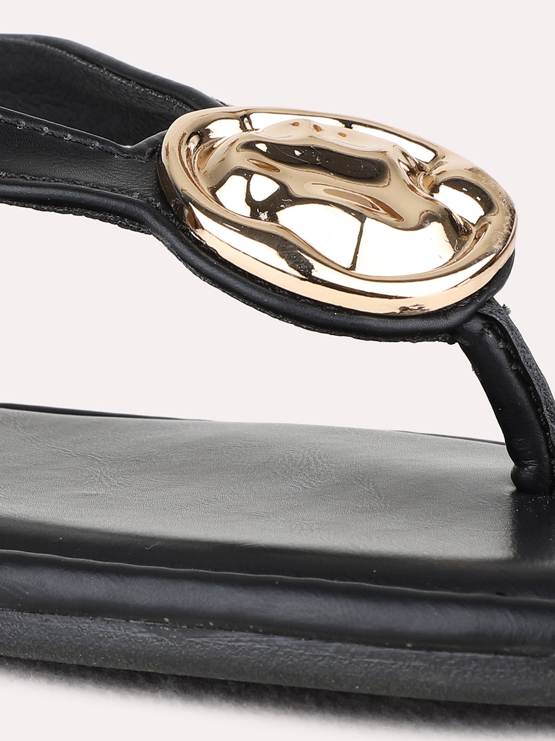 Womens Black Casual Solid T-Strap Flat Sandals